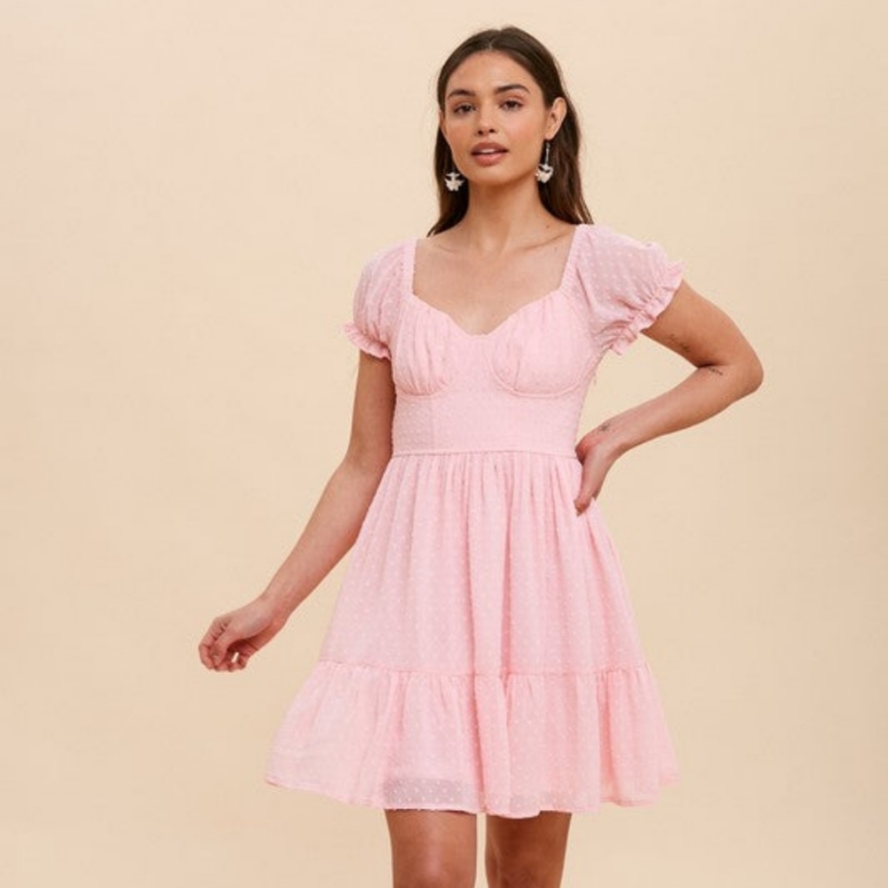 SWISS DOT SWEETHEART NECKLINE MINI DRESS-Pink Bubblegum